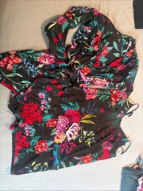 Stars Above Floral Black Satin pajamas and robe with Bright Multicolor Bloom
